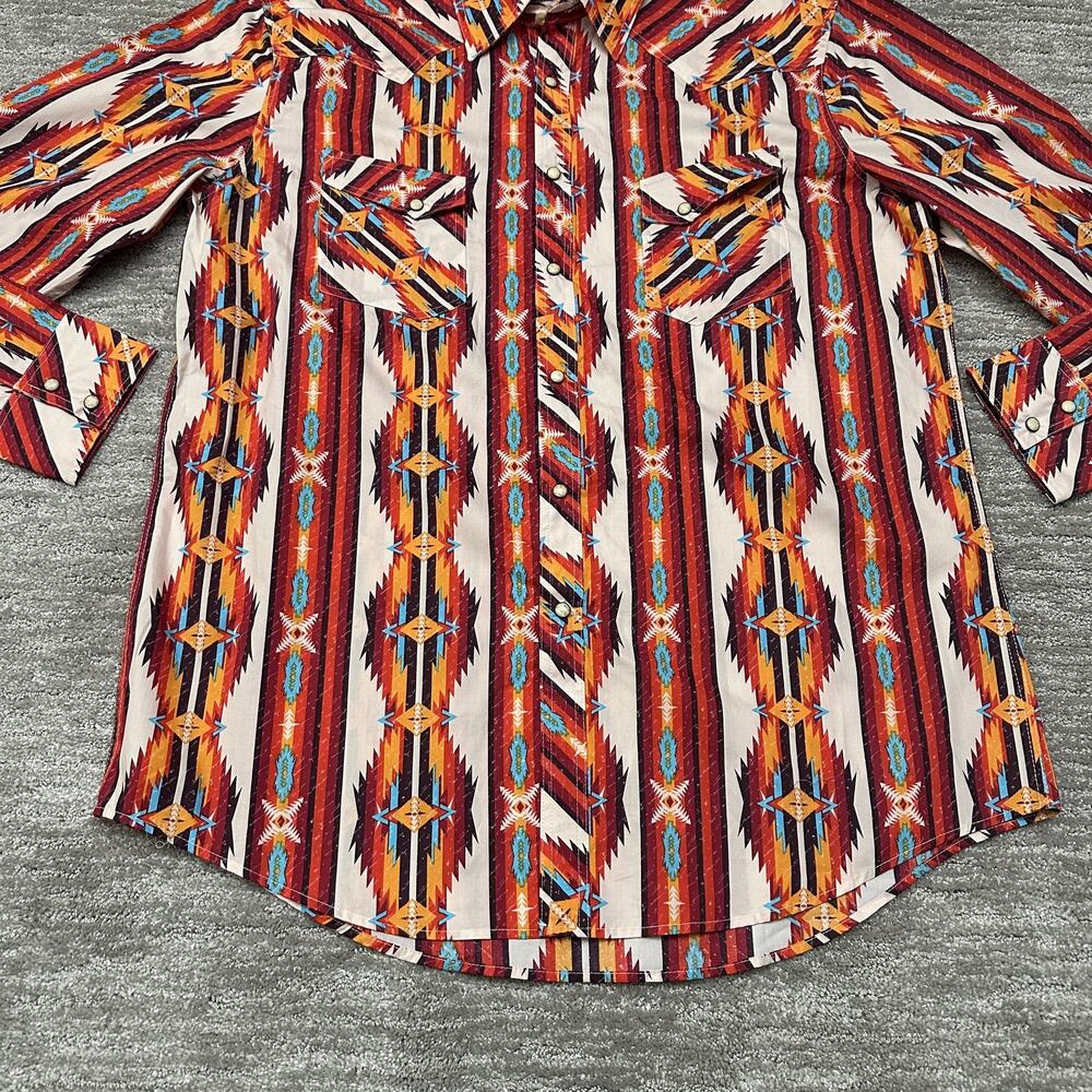 Rock & Roll Denim Shirt Mens XL Orange Blue Western Pearl Snap Aztec Retro - Picture 3 of 12